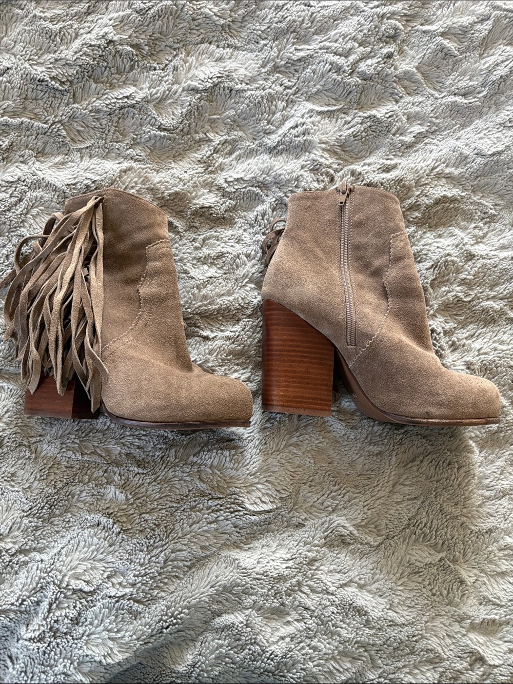 Jeffrey Campbell Fringe Suede Block Heel Ankle Boots - Tan